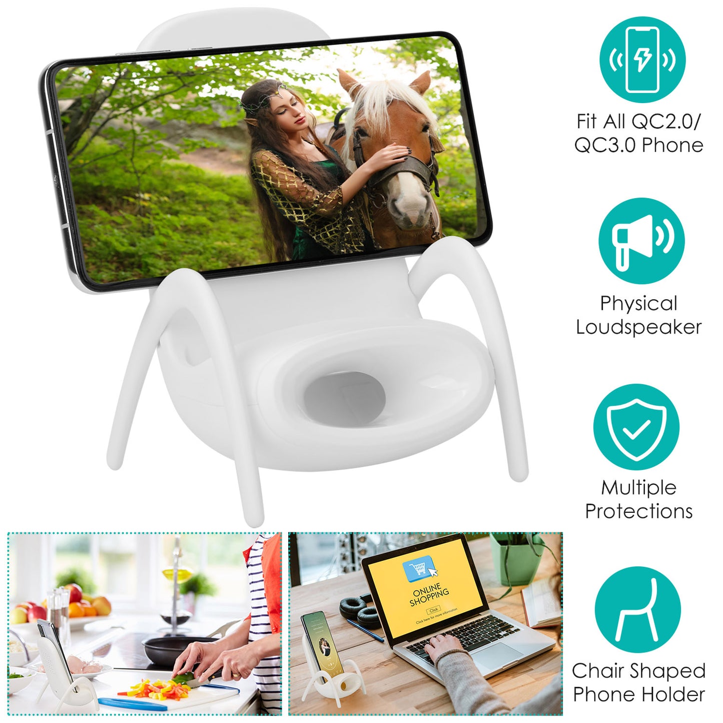 Wireless Charger Phone Stand with Speaker - Mini Chair Design