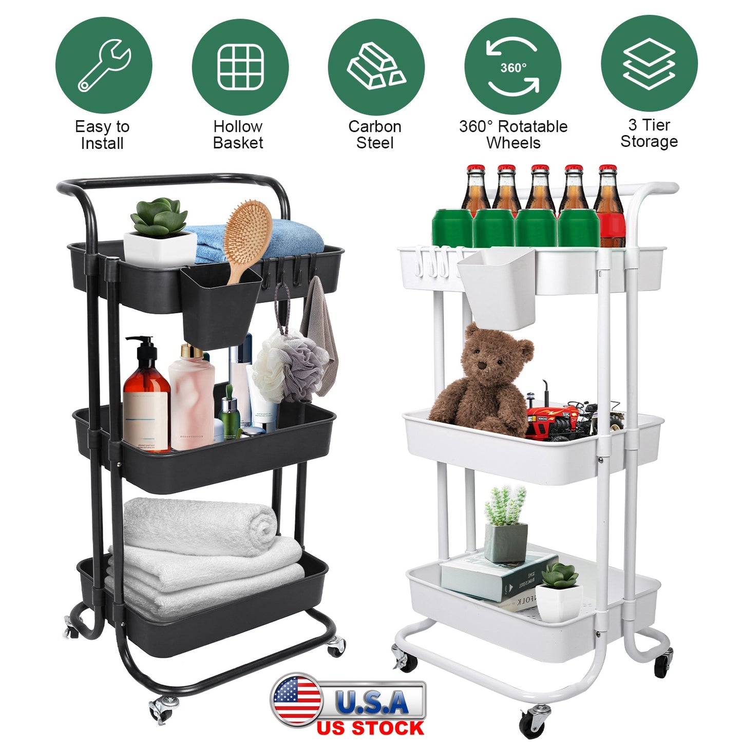 3-Tier Rolling Utility Cart with Lockable Wheels & Mesh Baskets