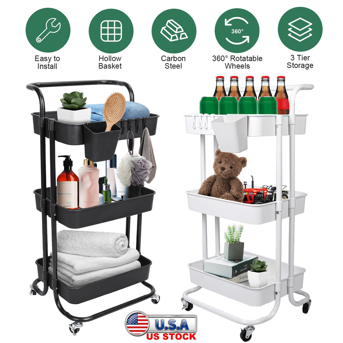 3 Tier Rolling Utility Cart Movable Storage Organizer with Mesh Baskets Lockable Wheels 360 Degree Rotatable Hanging Box Hooks Bedroom Bathroom Kitche