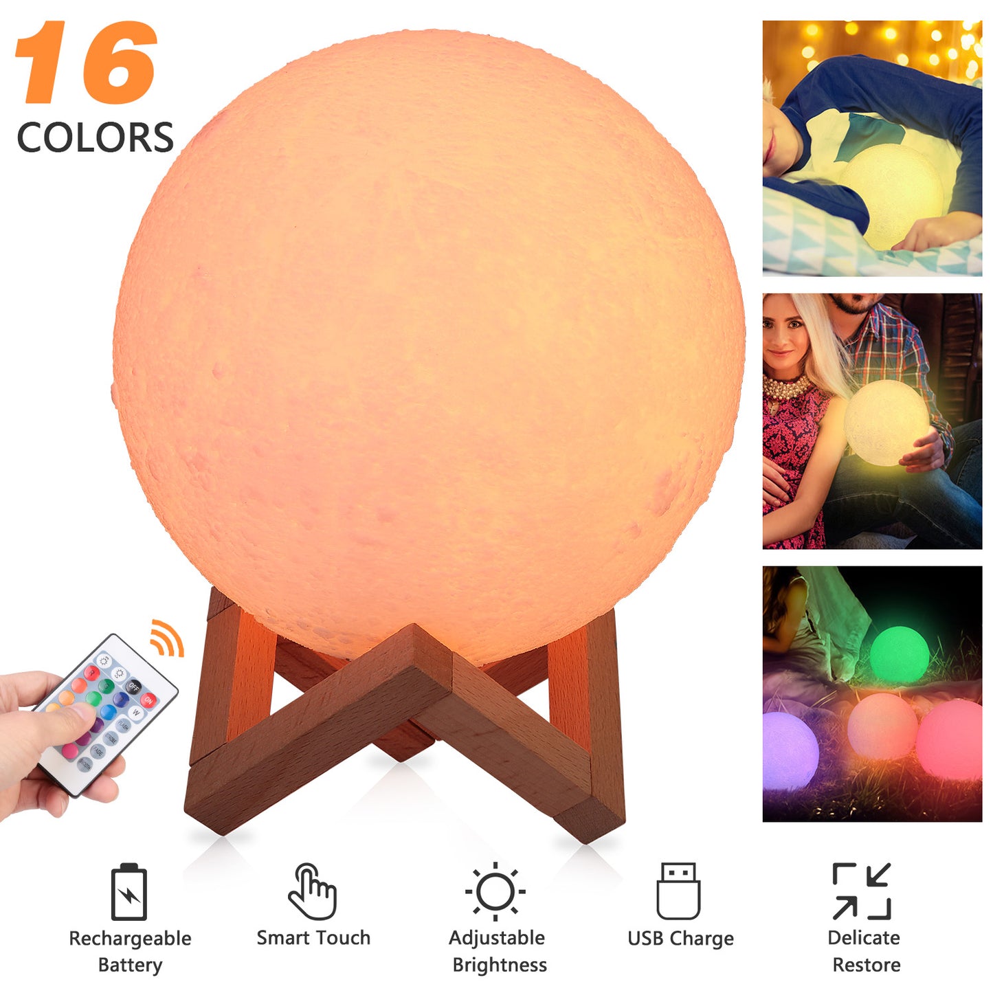 3D Moon Lamp Night Light with 16 Colors and Remote Control