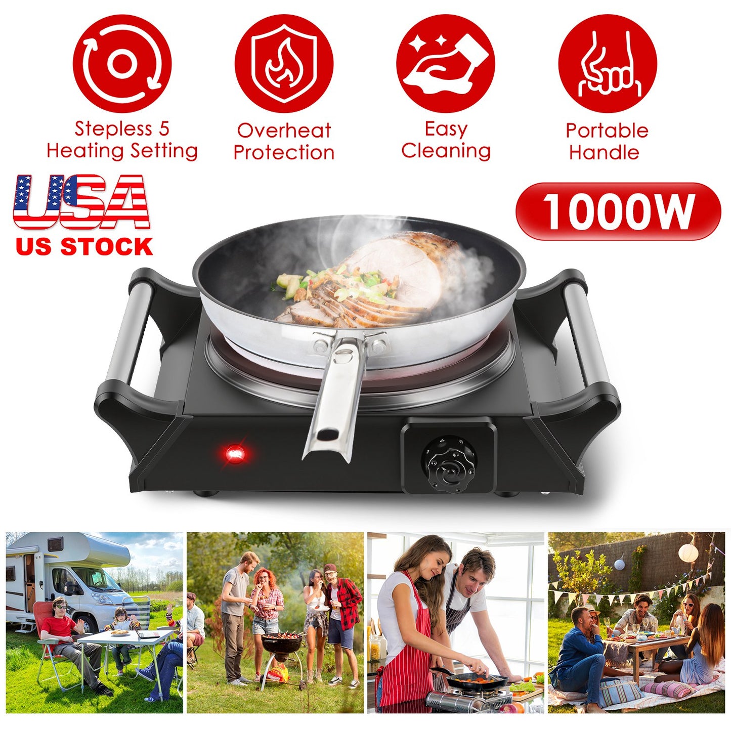 Electric Double Burner Hot Plate with Adjustable Temperature