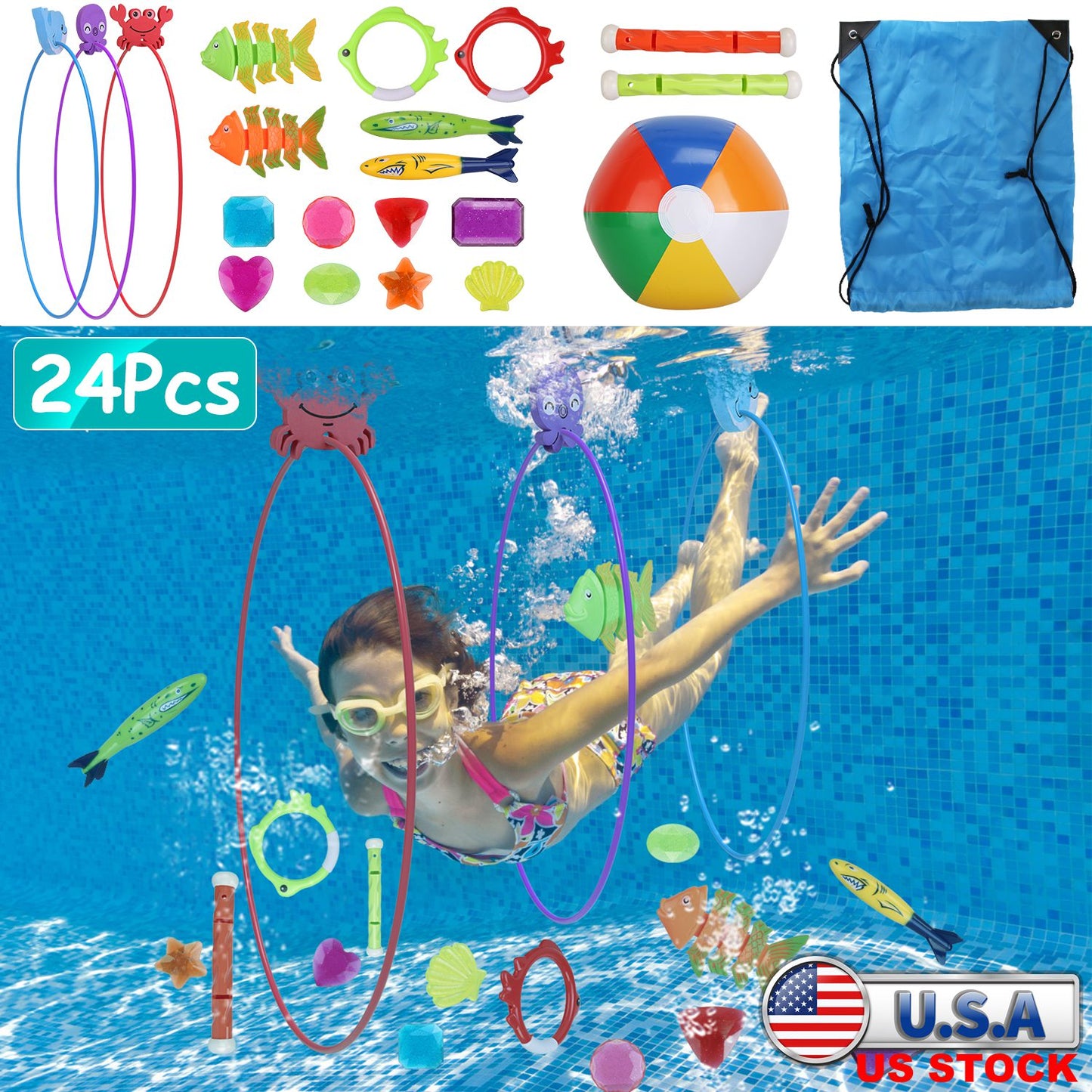 Swimming Pool Diving Toys Set - 24 Pieces with Storage Bag