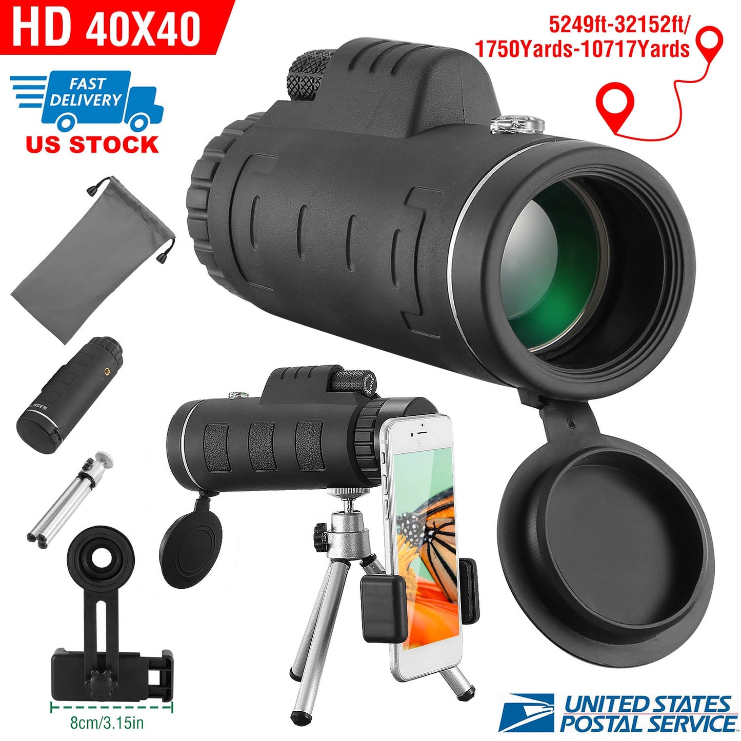 40x40 Monocular Telescope with Phone Adapter and Tripod
