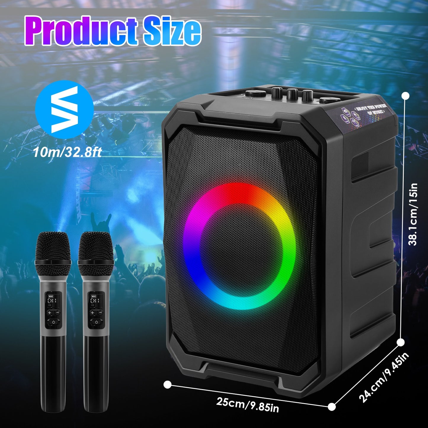 Portable Wireless Party Speaker with LED Lights & 2 Mics