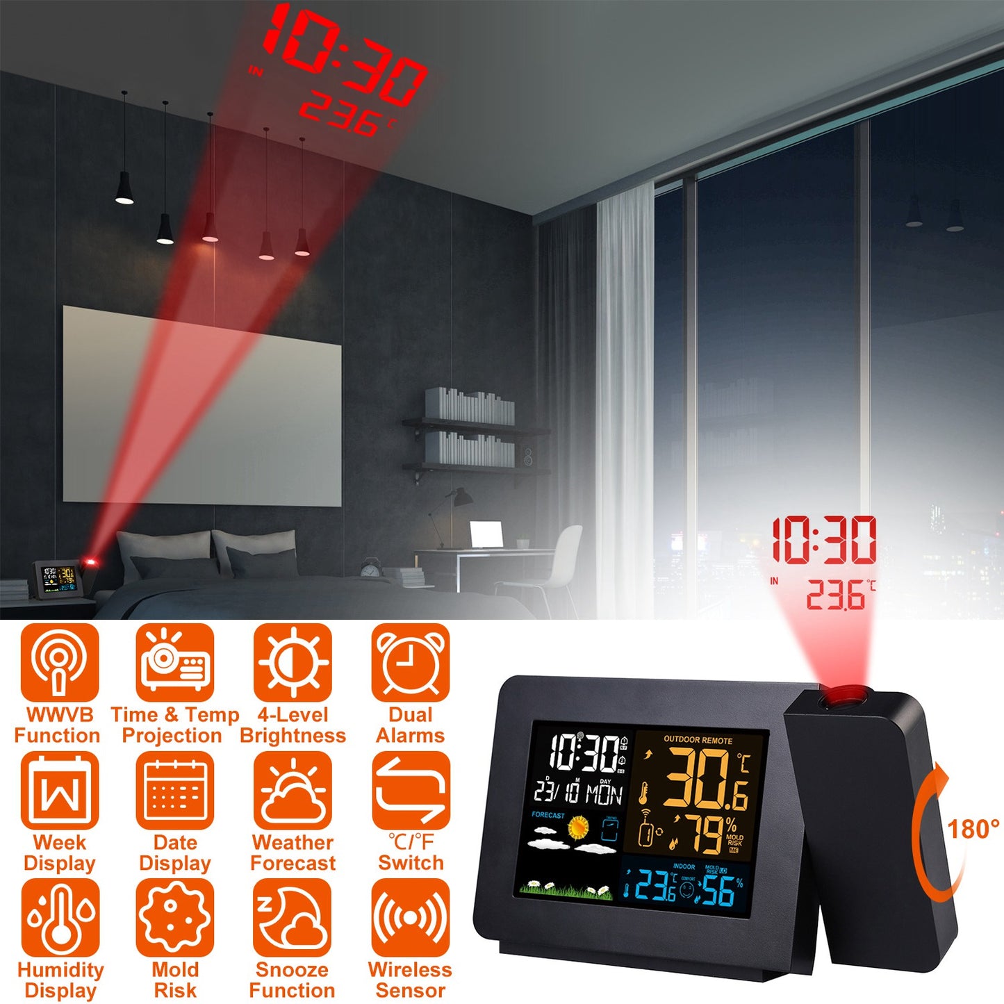 Atomic Projection Alarm Clock with Weather Station & Dual Alarms