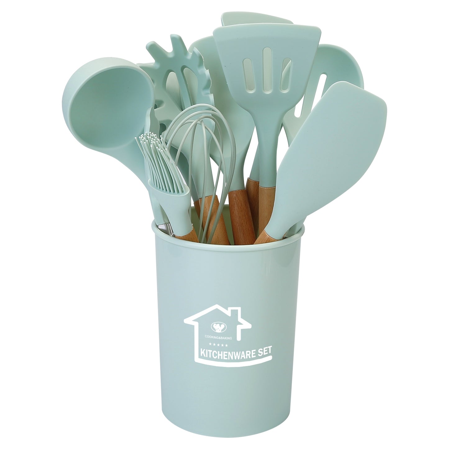 Silicone Cooking Utensil Set, 11-Piece with Wooden Handles