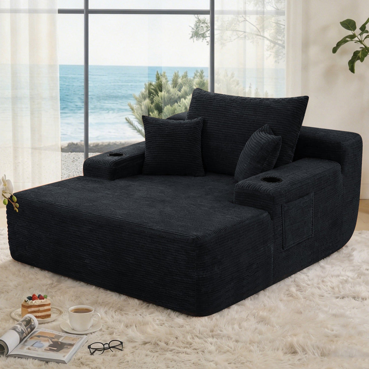 Convertible Chaise Lounge Sleeper Sofa with Cup Holders & Pillows