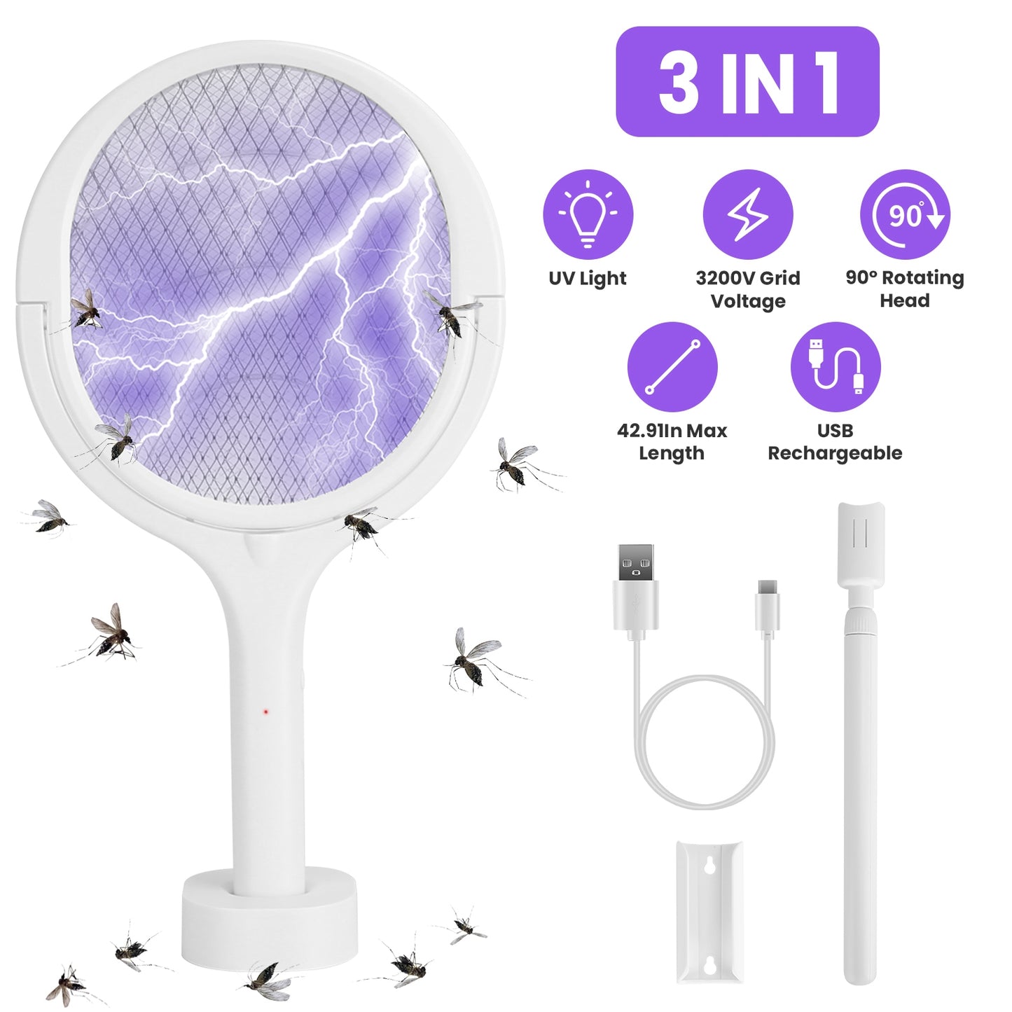 Electric Bug Zapper Racket with 90° Rotating Head & Extension
