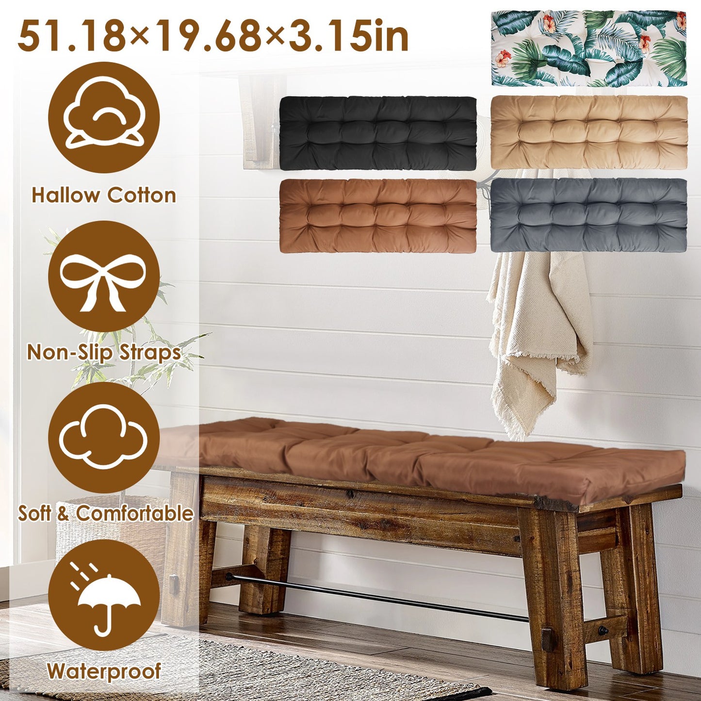 Bench Seat Cushion 51x20in Waterproof with Ties for Outdoor