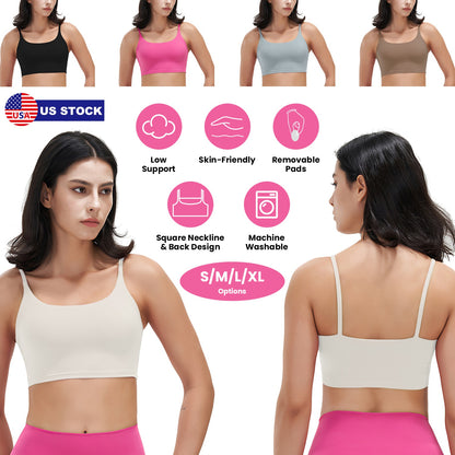 Women Strap Sport Bras Padded Strappy Crop Square Neck Low Impact Bras Sexy Fitness Tank Tops with Removable Pads Flat Straps for Gym Yoga Workout Run