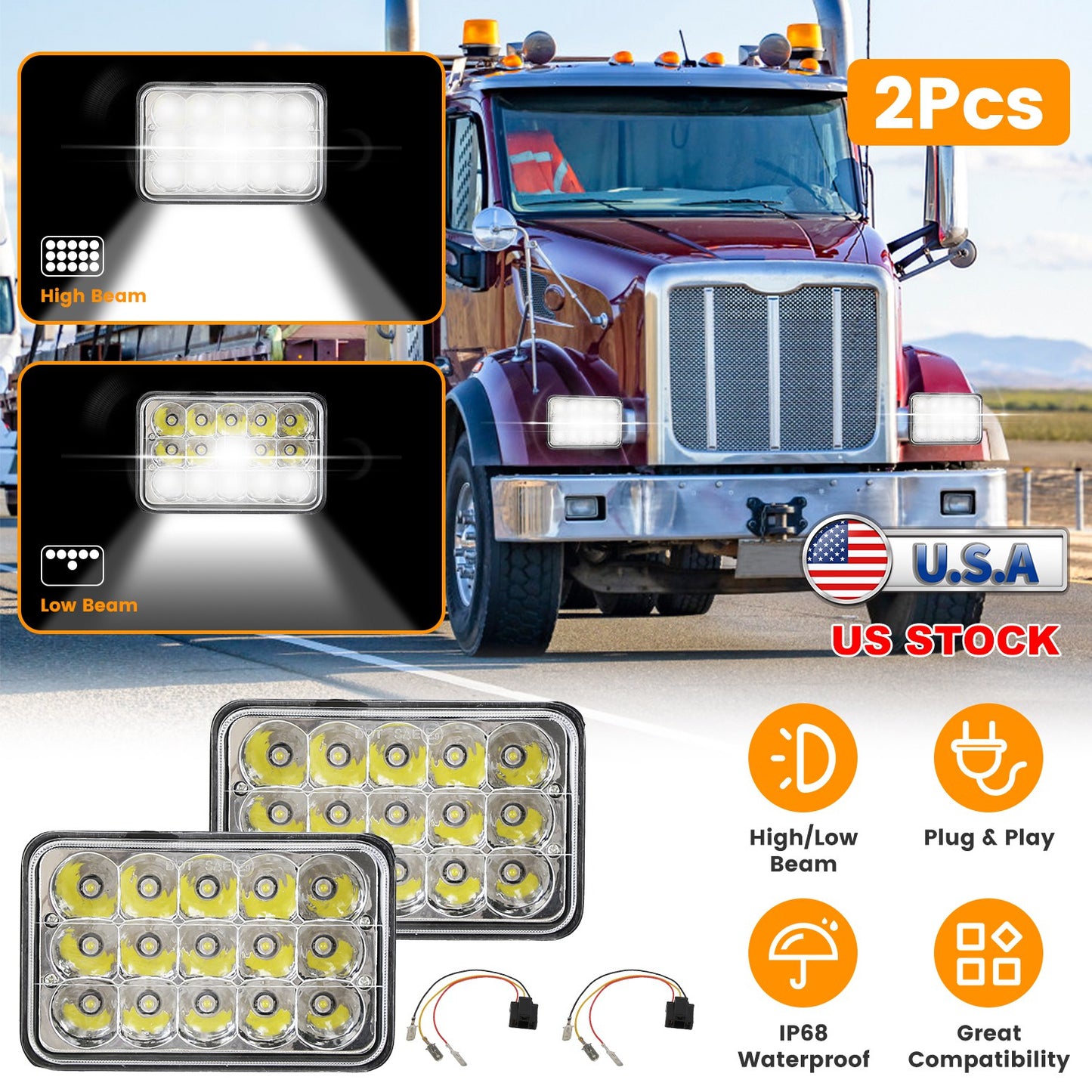 4x6 Inch LED Headlights with High/Low Beam for Cars & Trucks