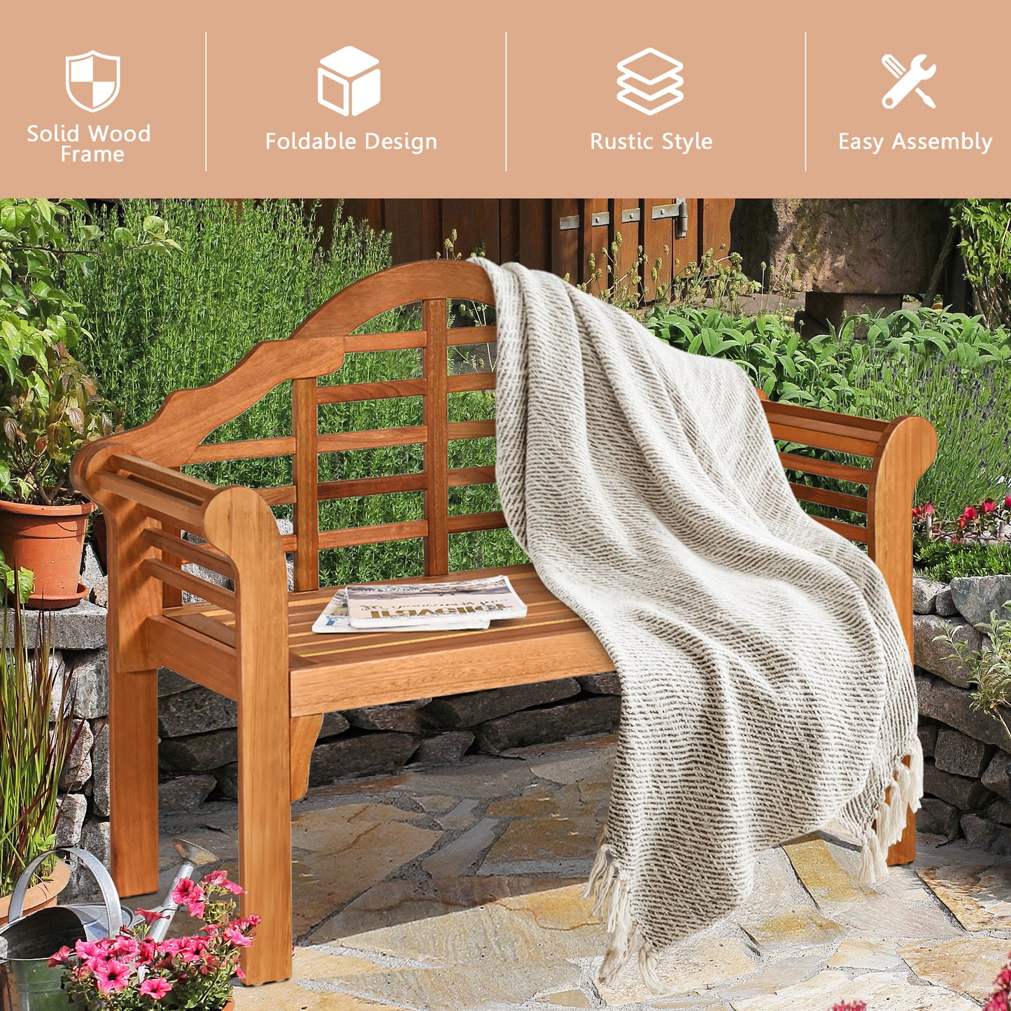 Eucalyptus Wood Folding Bench with Backrest - 49 Inch