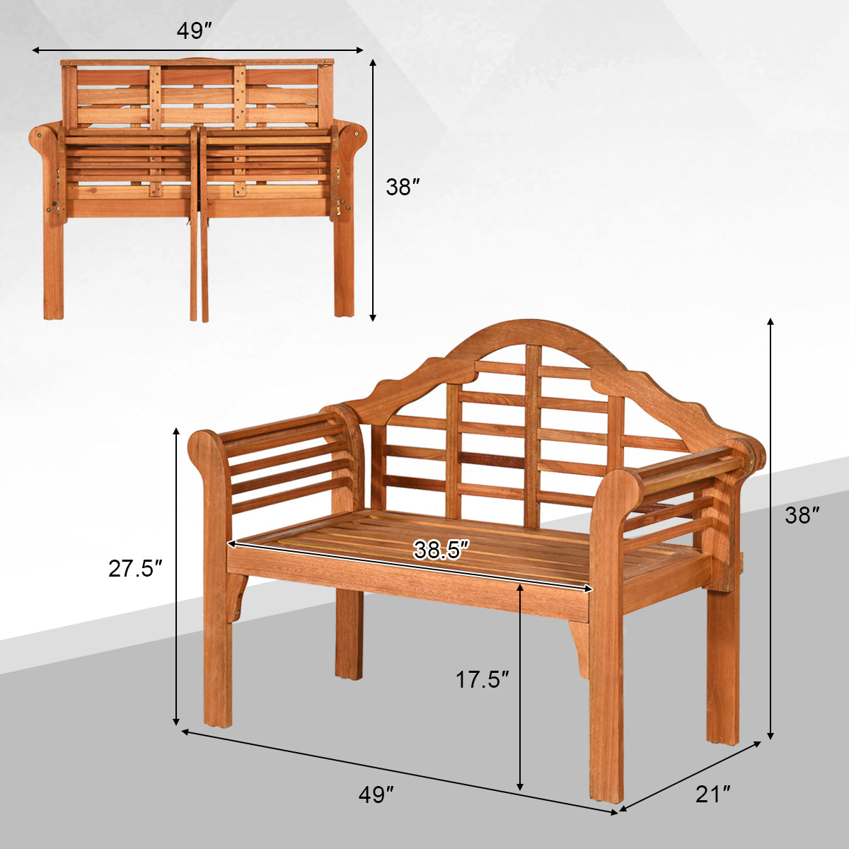 Eucalyptus Wood Folding Bench with Backrest - 49 Inch