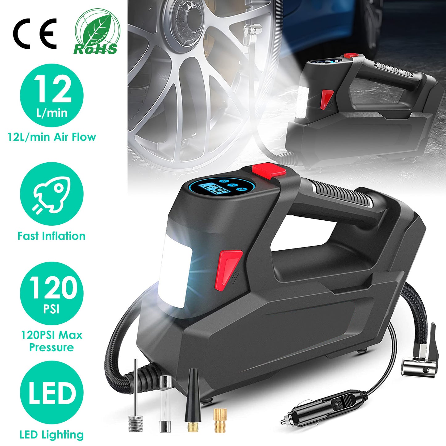 Portable Tire Inflator 120 PSI with Digital Display & LED Light