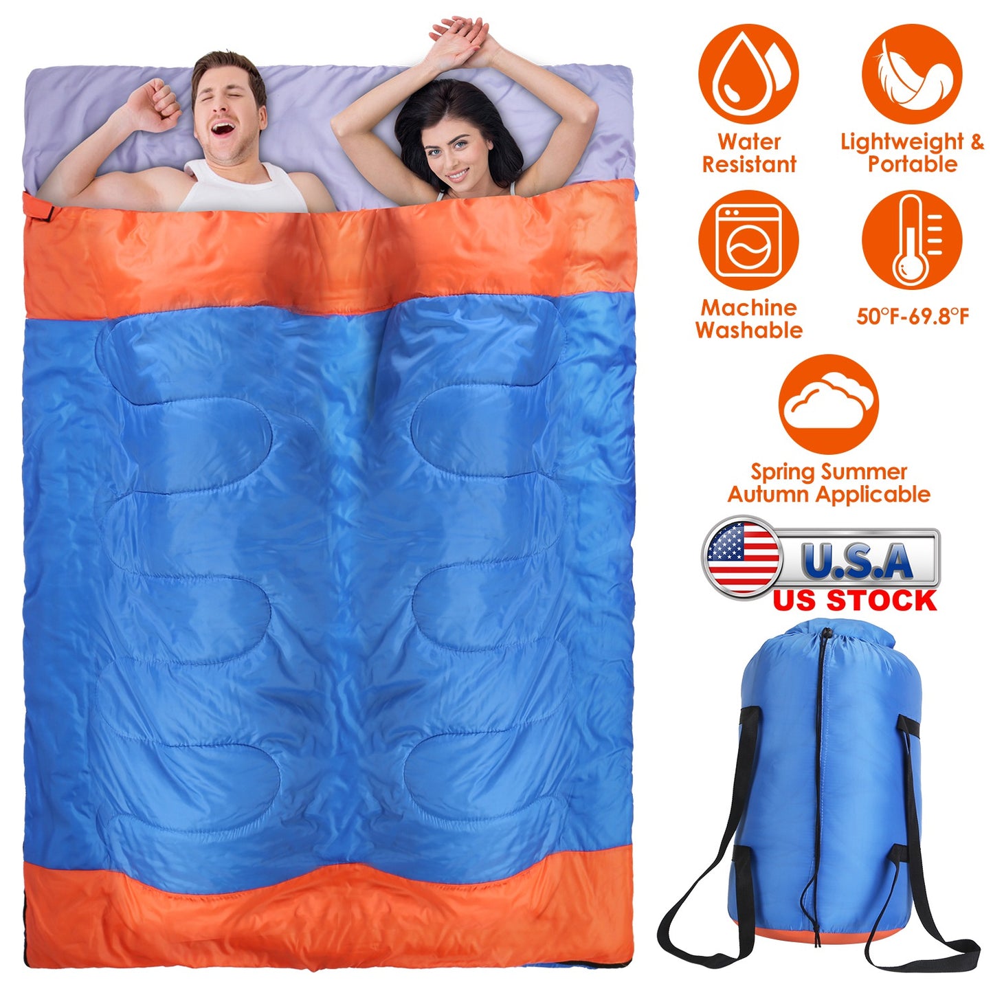 Double Sleeping Bag for 2-3 People - Water Resistant Cotton