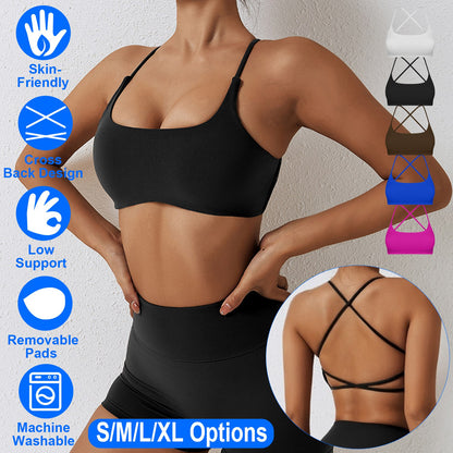 Women Cross Back Sport Bras Padded Strappy Crop Open Back Low Impact Bras Sexy Fitness Tank Tops with Removable Pads Thin Straps for Gym Yoga Workout