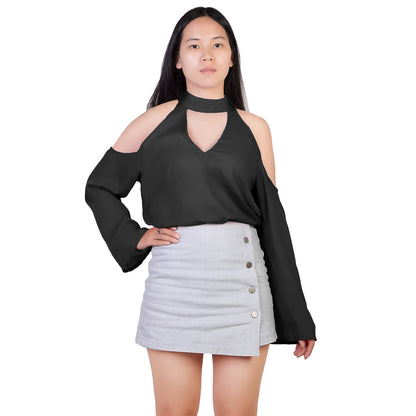 Women\'s Sexy Off The Shoulder Blouses Cold Shoulder Tops V-Neck Long Sleeve T-Shirt Solid Color Summer