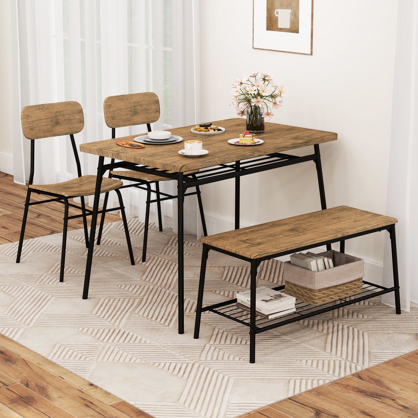 4-Piece Dining Table Set with Bench and 2 Chairs