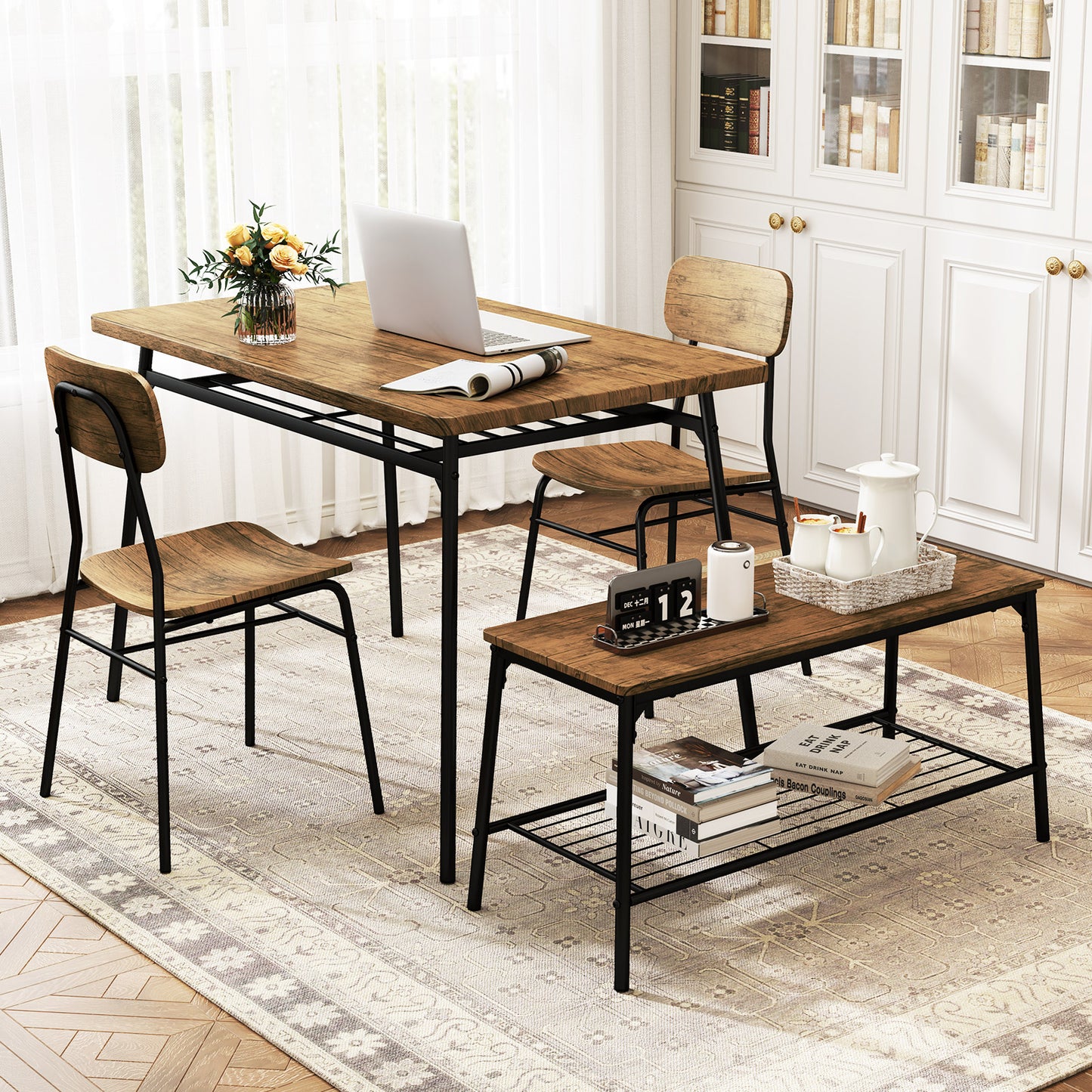4-Piece Dining Table Set with Bench and 2 Chairs