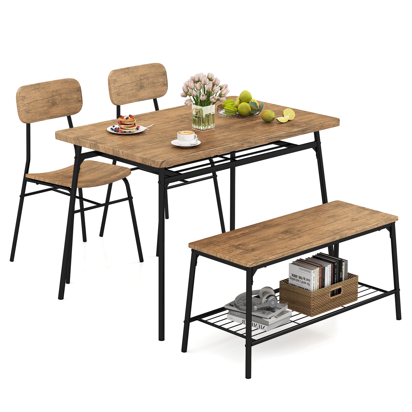 4-Piece Dining Table Set with Bench and 2 Chairs