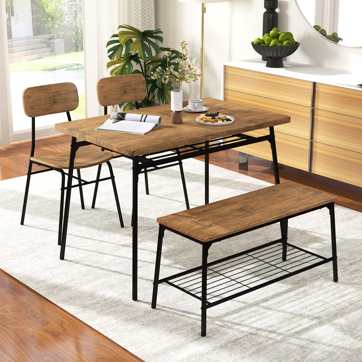 4-Piece Dining Table Set with Bench and 2 Chairs