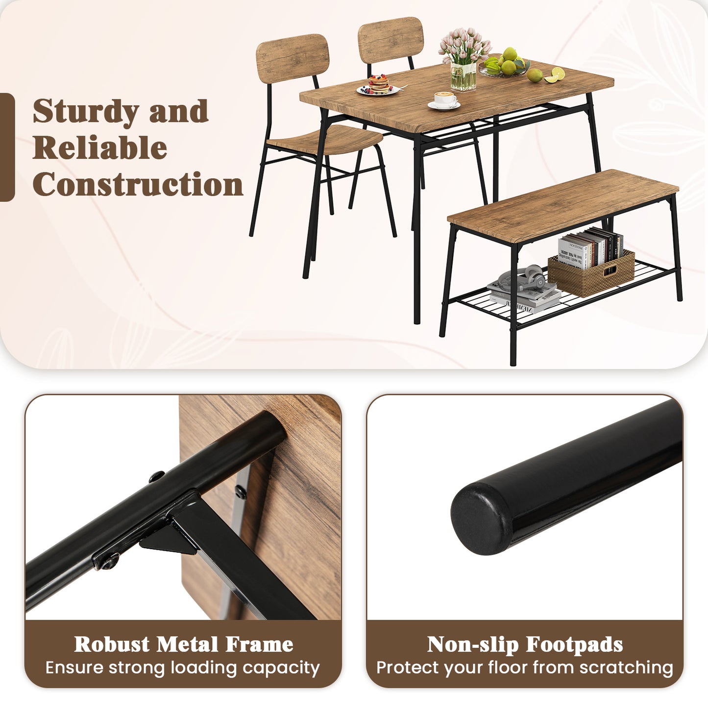 4-Piece Dining Table Set with Bench and 2 Chairs