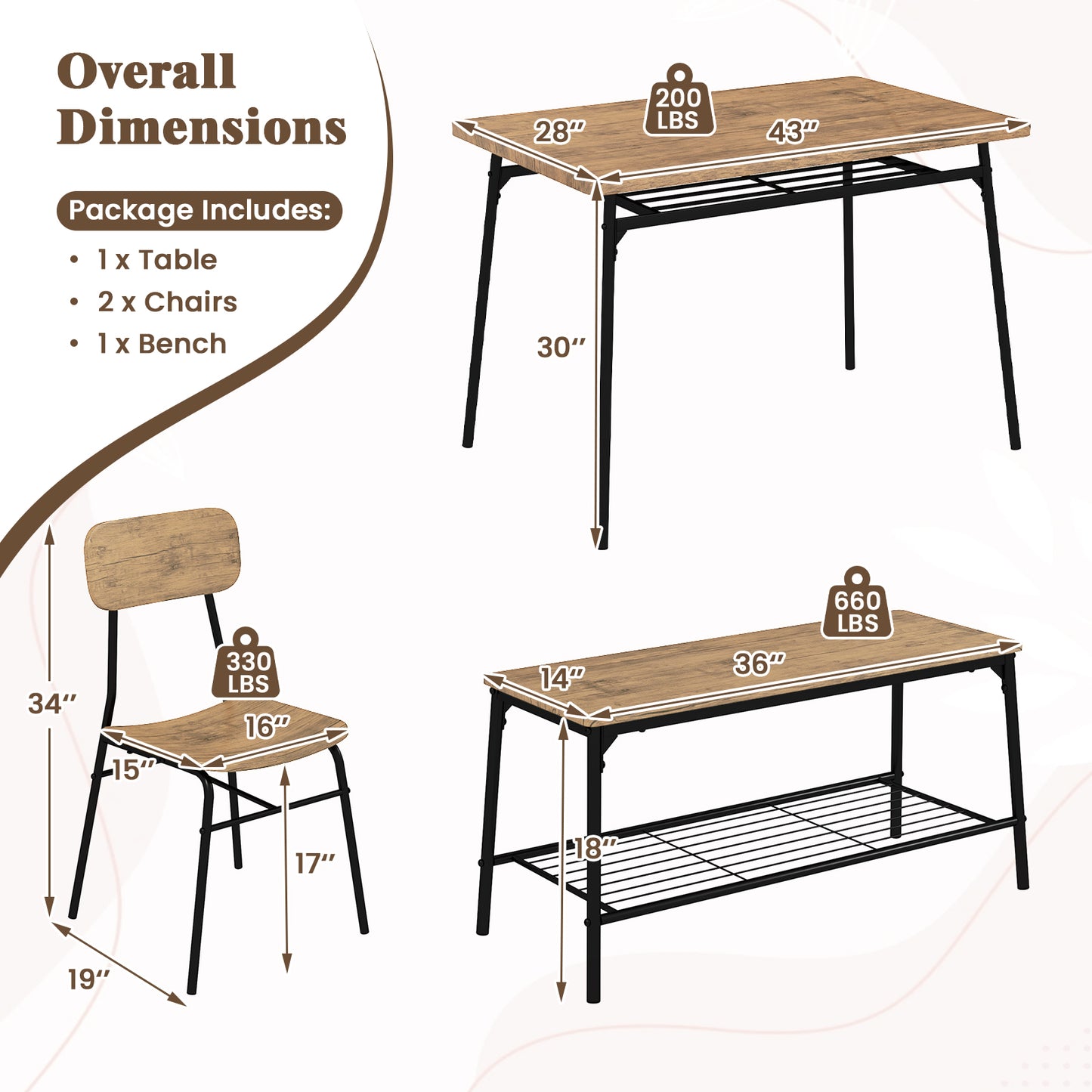 4-Piece Dining Table Set with Bench and 2 Chairs