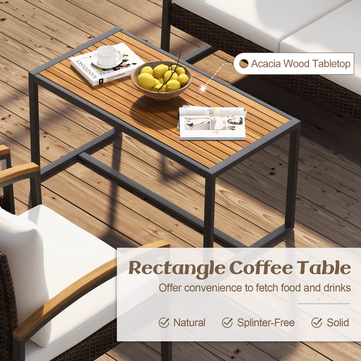 4 Pieces Patio Conversation Set with Acacia Wood Armrests and Tabletop and Cushions-White