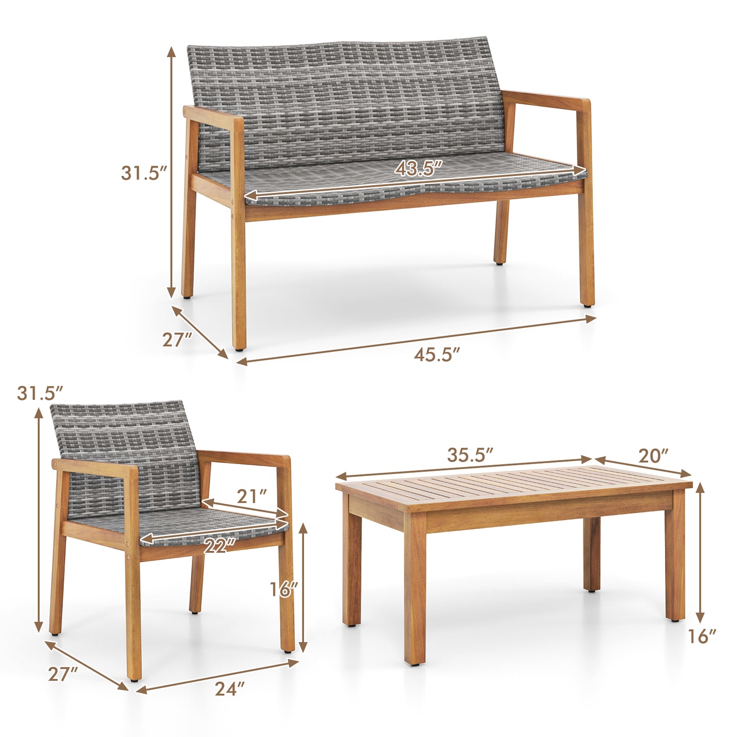 4-Piece Patio Conversation Set with Loveseat and Coffee Table