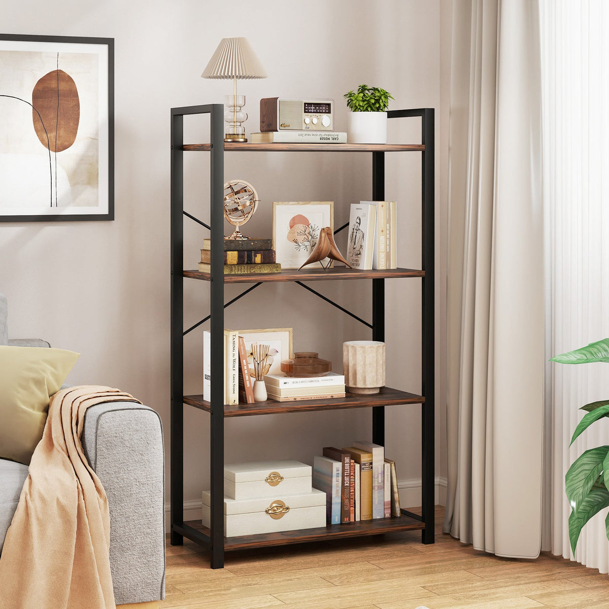 4-Tier Bookshelf with Heavy Duty Metal Frame Industrial Display Shelf-Rustic Brown