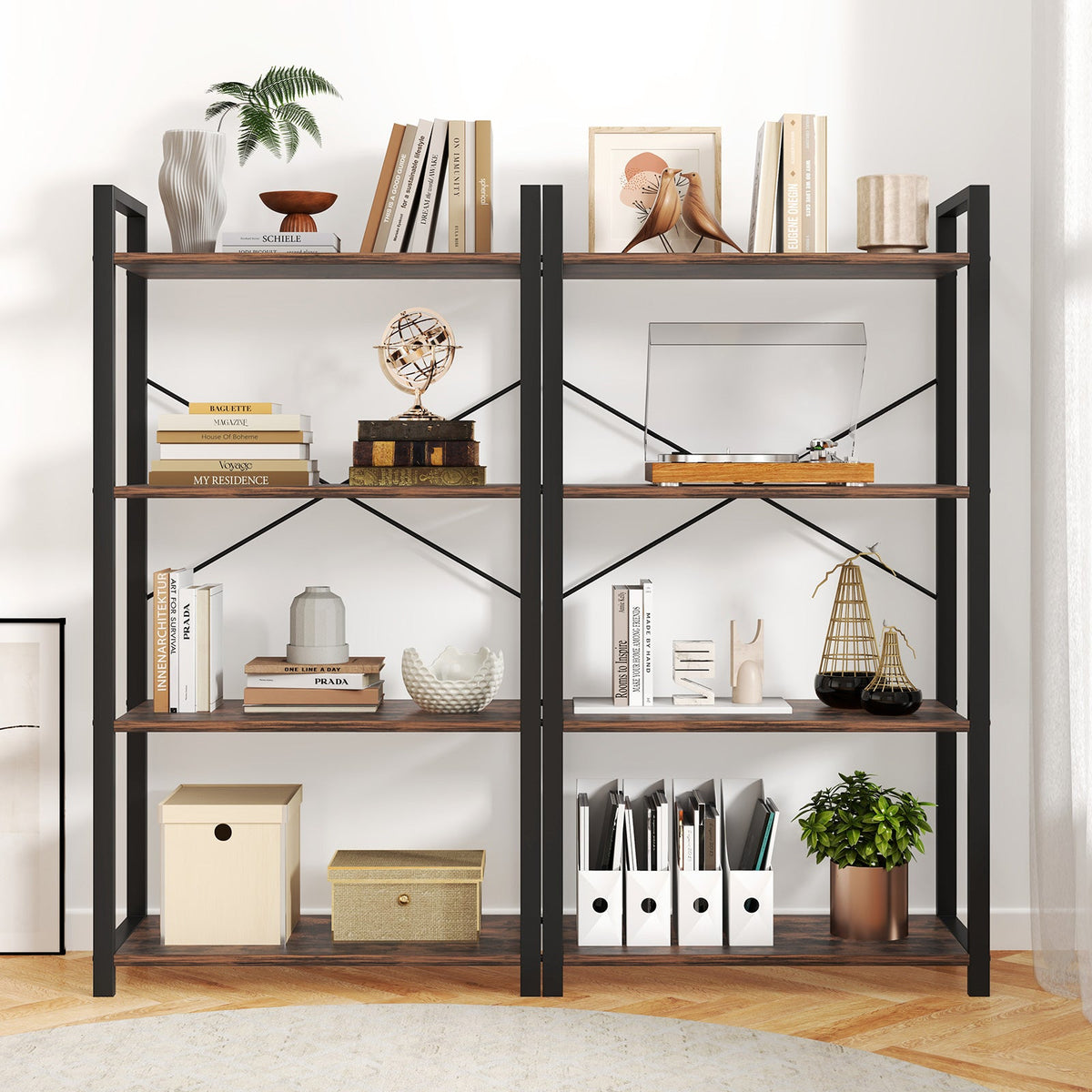 4-Tier Bookshelf with Heavy Duty Metal Frame Industrial Display Shelf-Rustic Brown