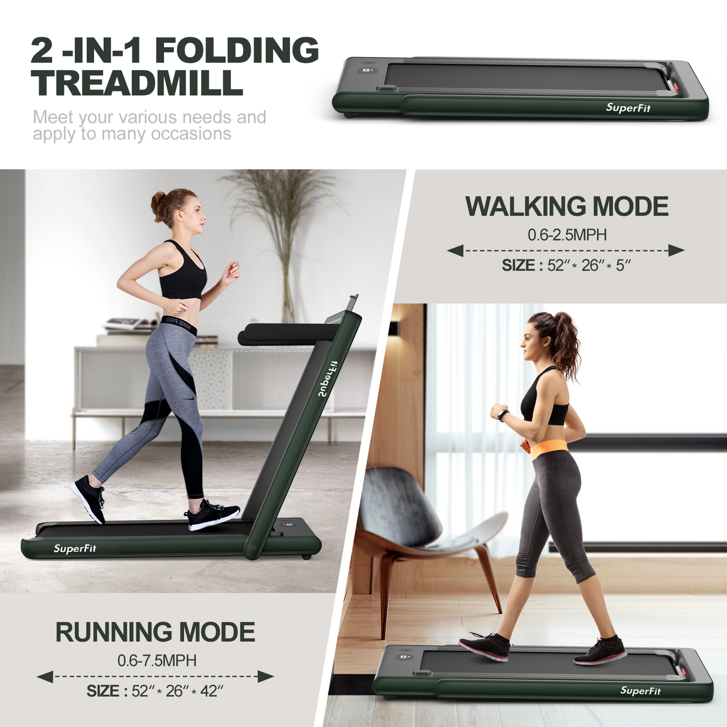 2-in-1 Folding Treadmill with Dual Display and Remote Control