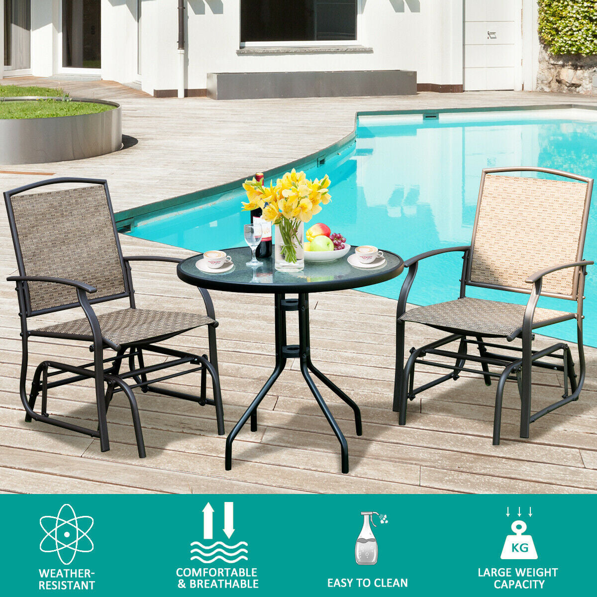 Patio Rocking Glider Chair Set - 2 Piece Brown Outdoor Seating