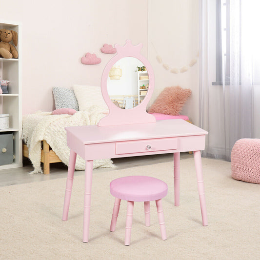 Kids Vanity Table and Chair Set with Mirror and Drawer