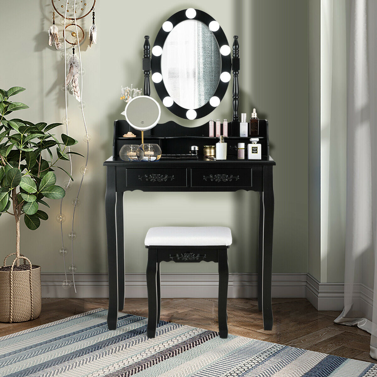 Makeup Vanity Table with Lighted Mirror and Cushioned Stool