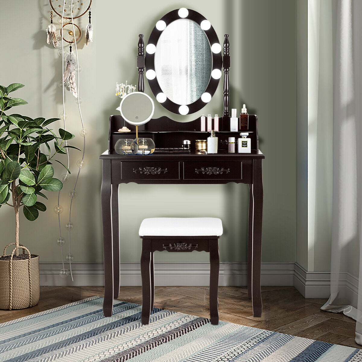 Makeup Vanity Table with Lighted Mirror and Cushioned Stool
