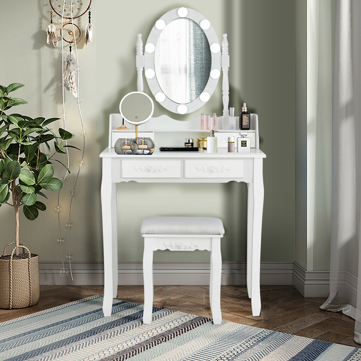 Makeup Vanity Table with Lighted Mirror and Cushioned Stool