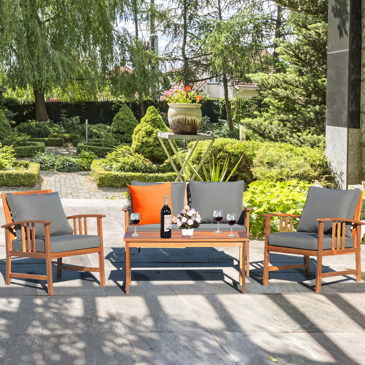 4-Piece Acacia Wood Patio Conversation Set with Cushions