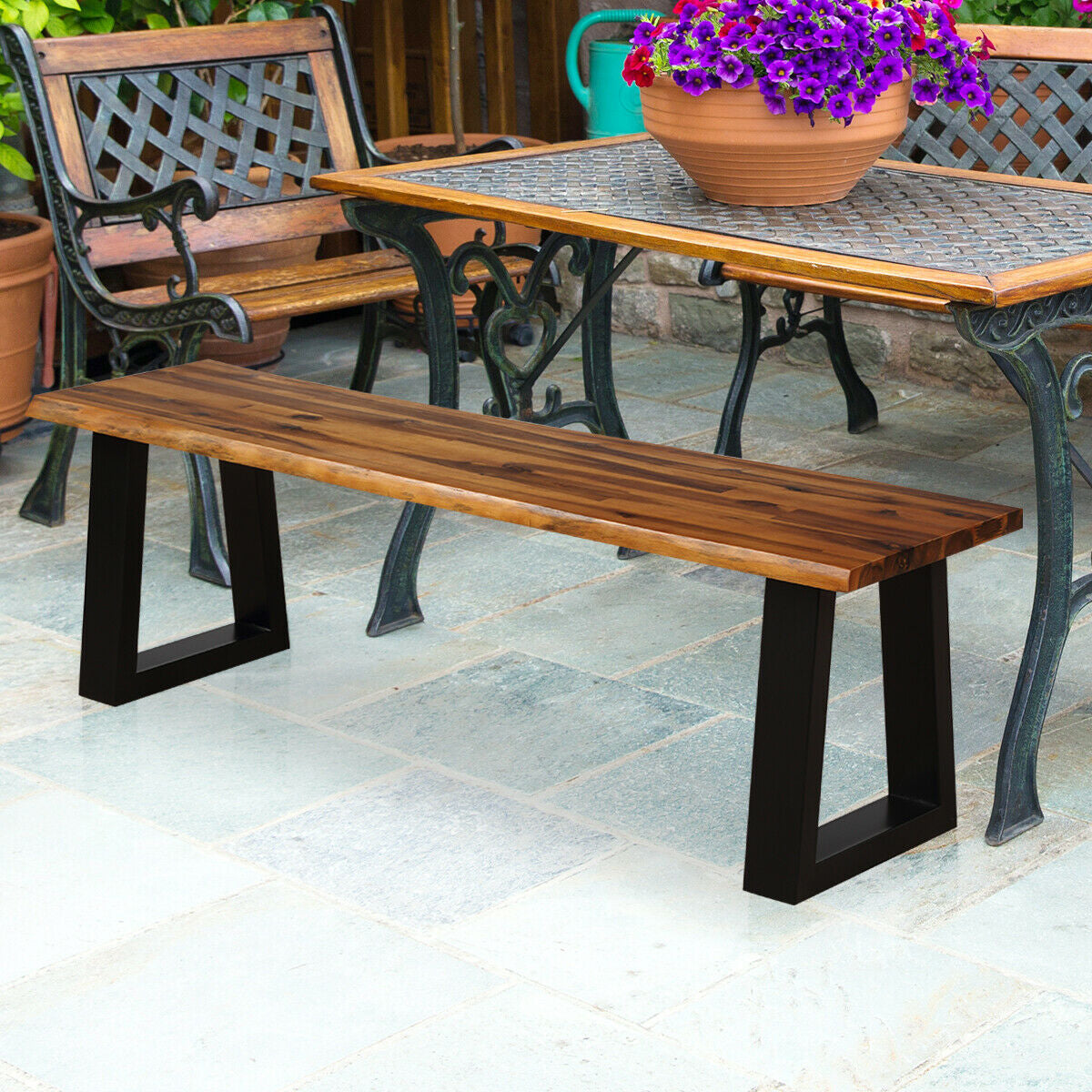 Acacia Wood Patio Bench with Metal Legs - 57.5 Inch