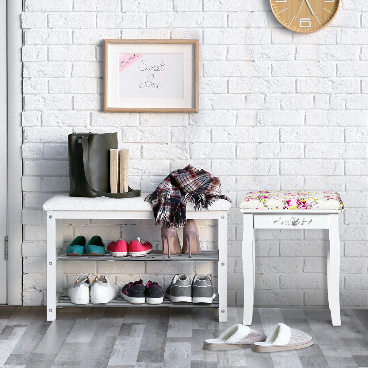 Padded Vanity Stool with Rose Cushion - White