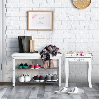 Padded Vanity Stool with Rose Cushion - White