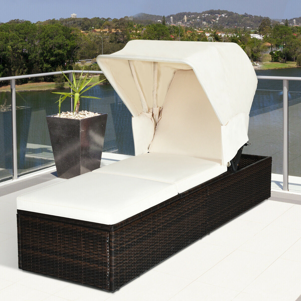 Outdoor Chaise Lounge with Canopy and Cushion