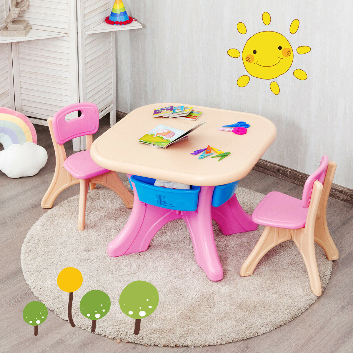 Kids Table and Chair Set with Storage Drawers - 3 Piece