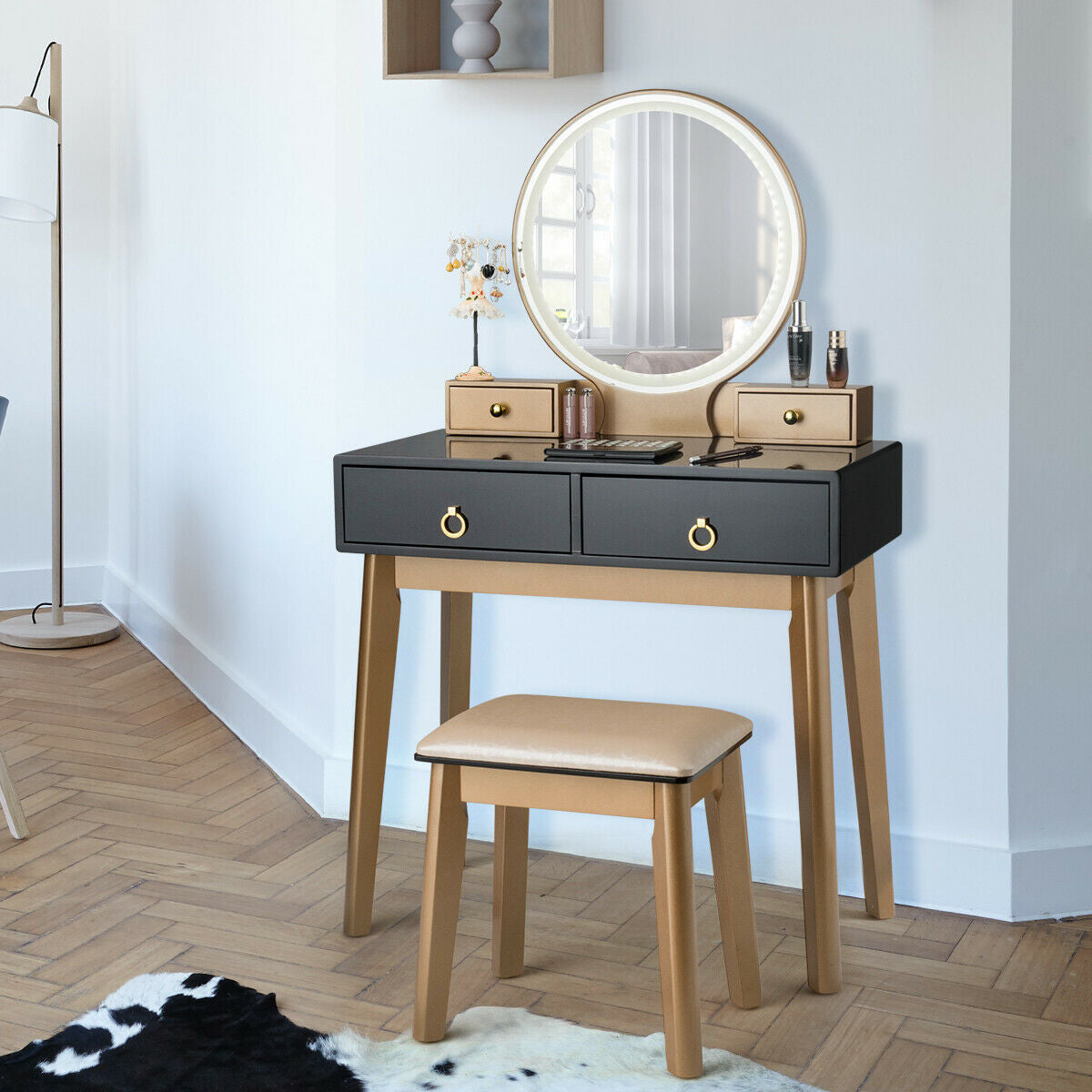 Makeup Vanity Table with LED Lighted Mirror and Stool Set