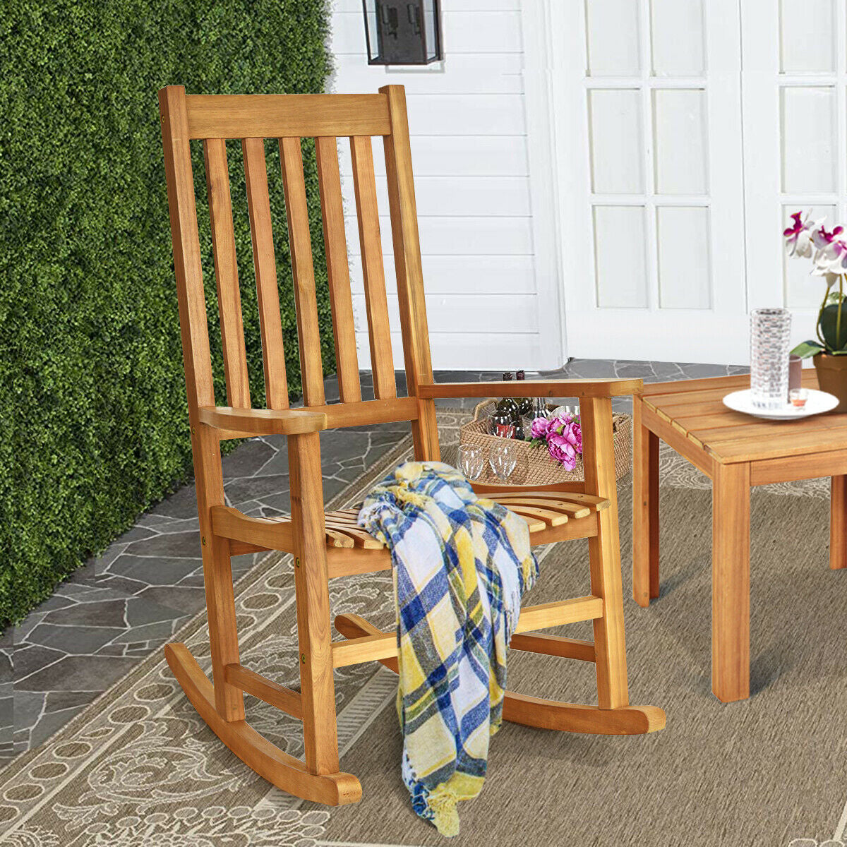 Acacia Wood Rocking Chair with High Back for Patio