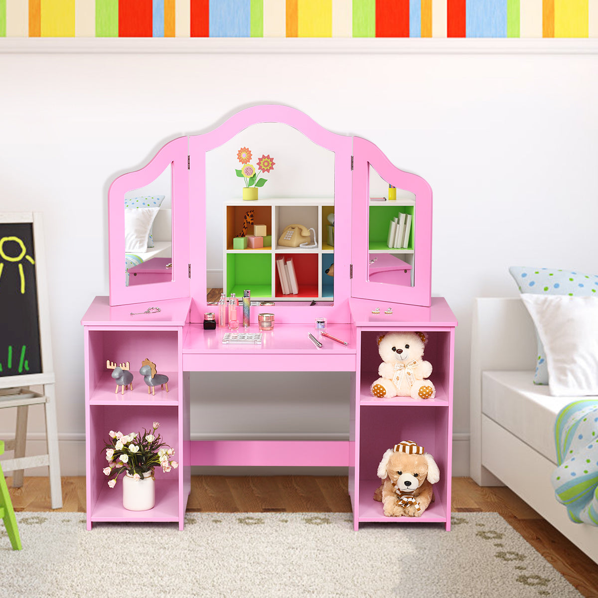Kids Tri-Folding Mirror Vanity Table Set with Storage