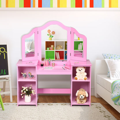 Kids Tri-Folding Mirror Vanity Table Set with Storage