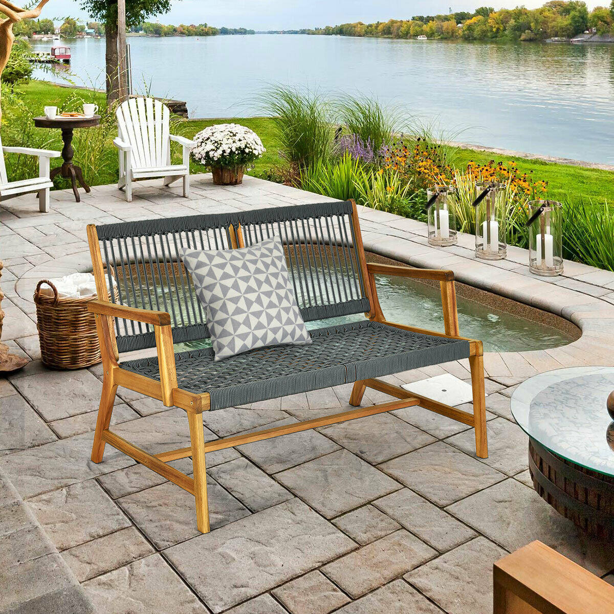 2-Person Acacia Wood Outdoor Bench with Rope Weave