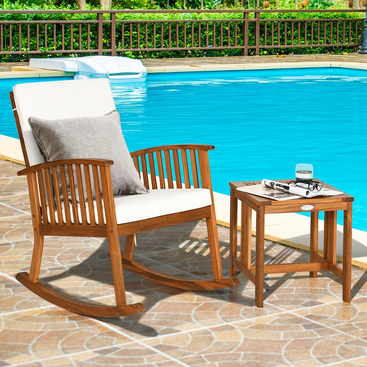 Acacia Wood Patio Rocking Chair Set with Table & Cushions