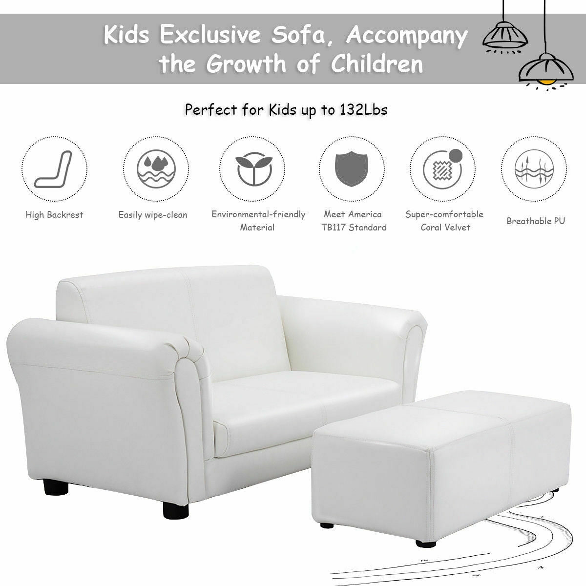Kids Double Sofa with Ottoman